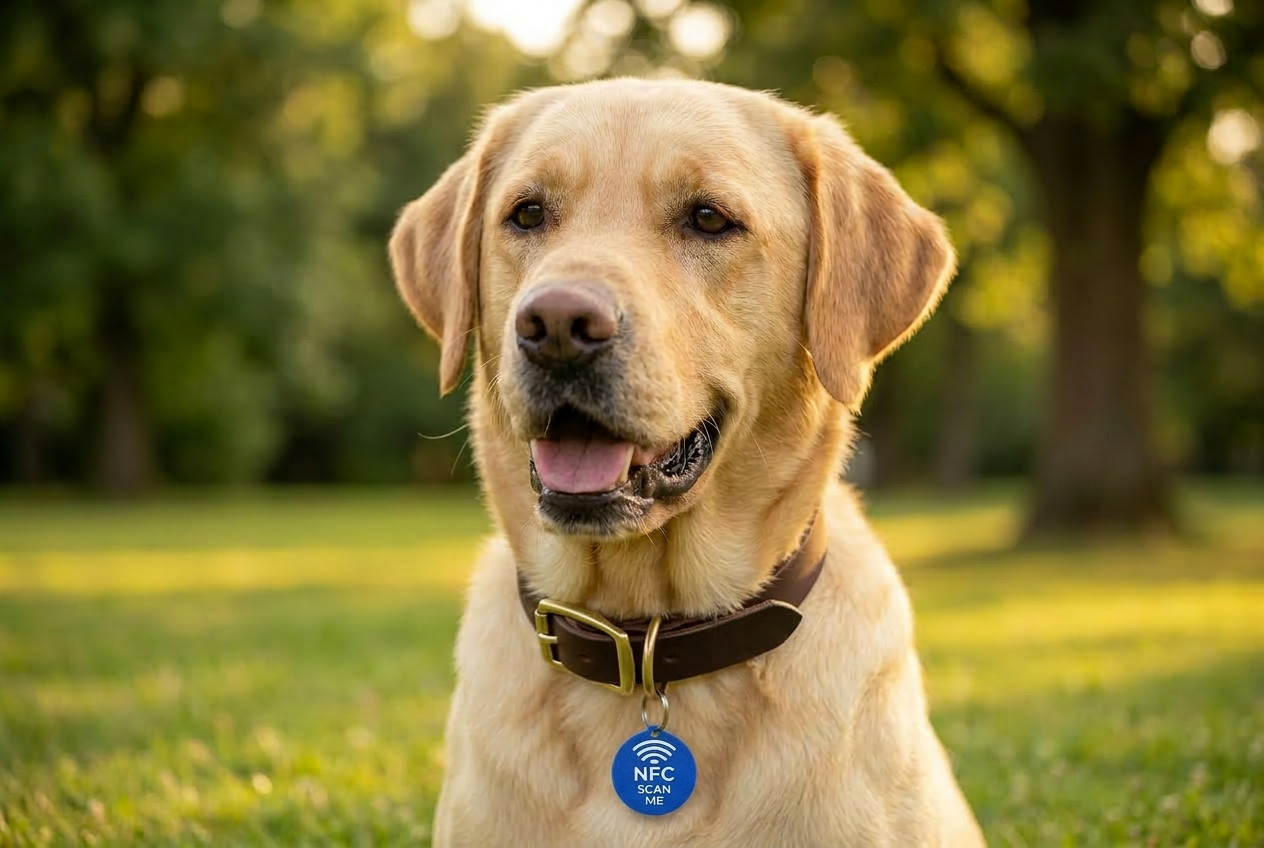 Dog wearing an NFC pet tag on collar